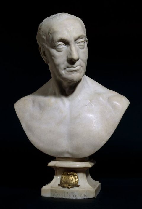 Sculpture. Marble bust shows head and shoulders of a man who has a receding hairline, deep-set eyes, and a prominent nose set in a long, oval face. His upper lip curls, perhaps about to smile. His skin sags under his eyes and over his cheekbones.