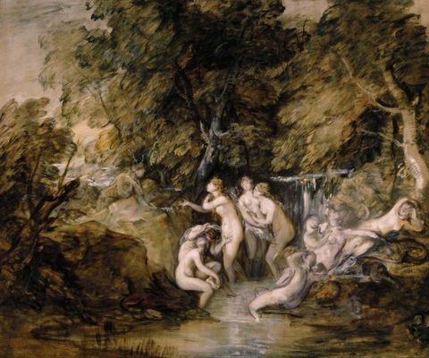 Painting. About a dozen pale-skinned, mostly nude women gather at a pool fed by a waterfall. Some of them are so loosely painted that details cannot be made out, but two near the centre stand and look at a man, nearly invisible among pale brown boulders to our left. A lush landscape of towering trees encloses the scene.